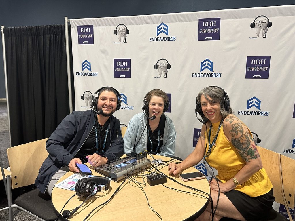 Camille recording the RDH Magazine Podcast with hosts Andrew Johnston and Jackie Sanders